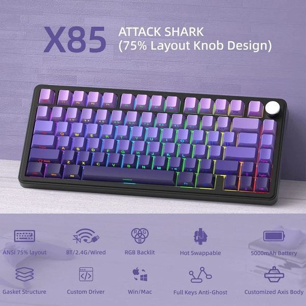 Клавіатура бездротова Attack Shark X85 Gradient Purple (6972792471594) 060233 фото