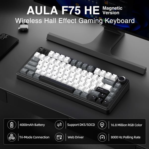 Клавіатура бездротова Aula F75 HE Dragan King Magnetic Switch Black/White/Gray (6978080506993) 060240 фото